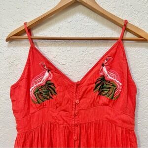 Flamingo Embroidered Dress Sleeveless Button Front Tiered Maxi‎ Dress
